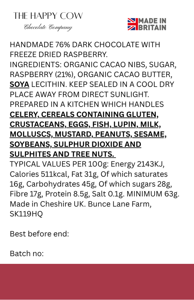 Handmade 76% Dark Chocolate with Freeze Dried Raspberries